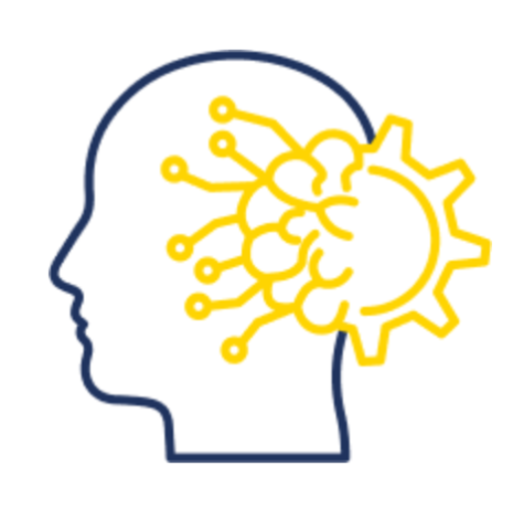 The shape of a human head with neural connections and a mechanic cog